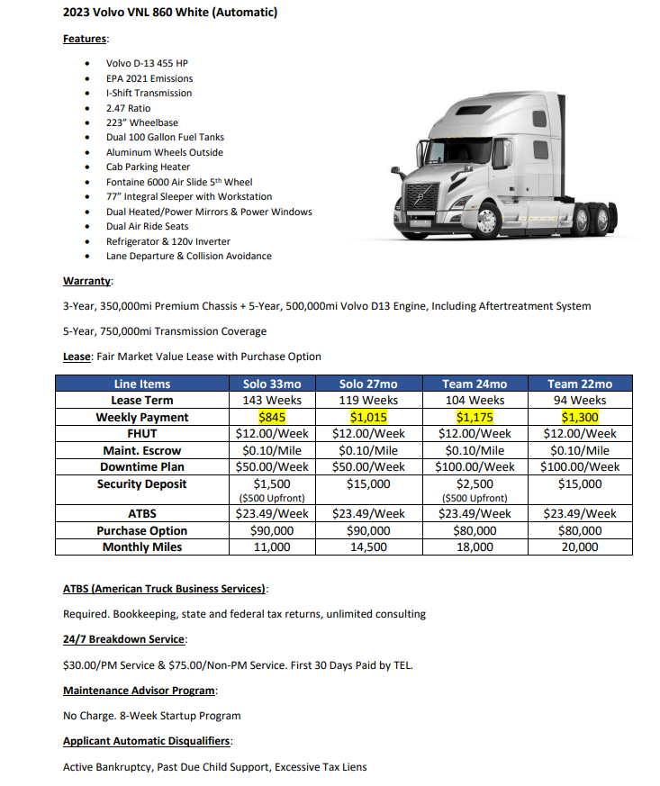 Lease Purchase for Brand New 2023 Freightliners, Volvo's or Peterbilt  (IC's) Reefer or Dry Van Options, Solo or Teams